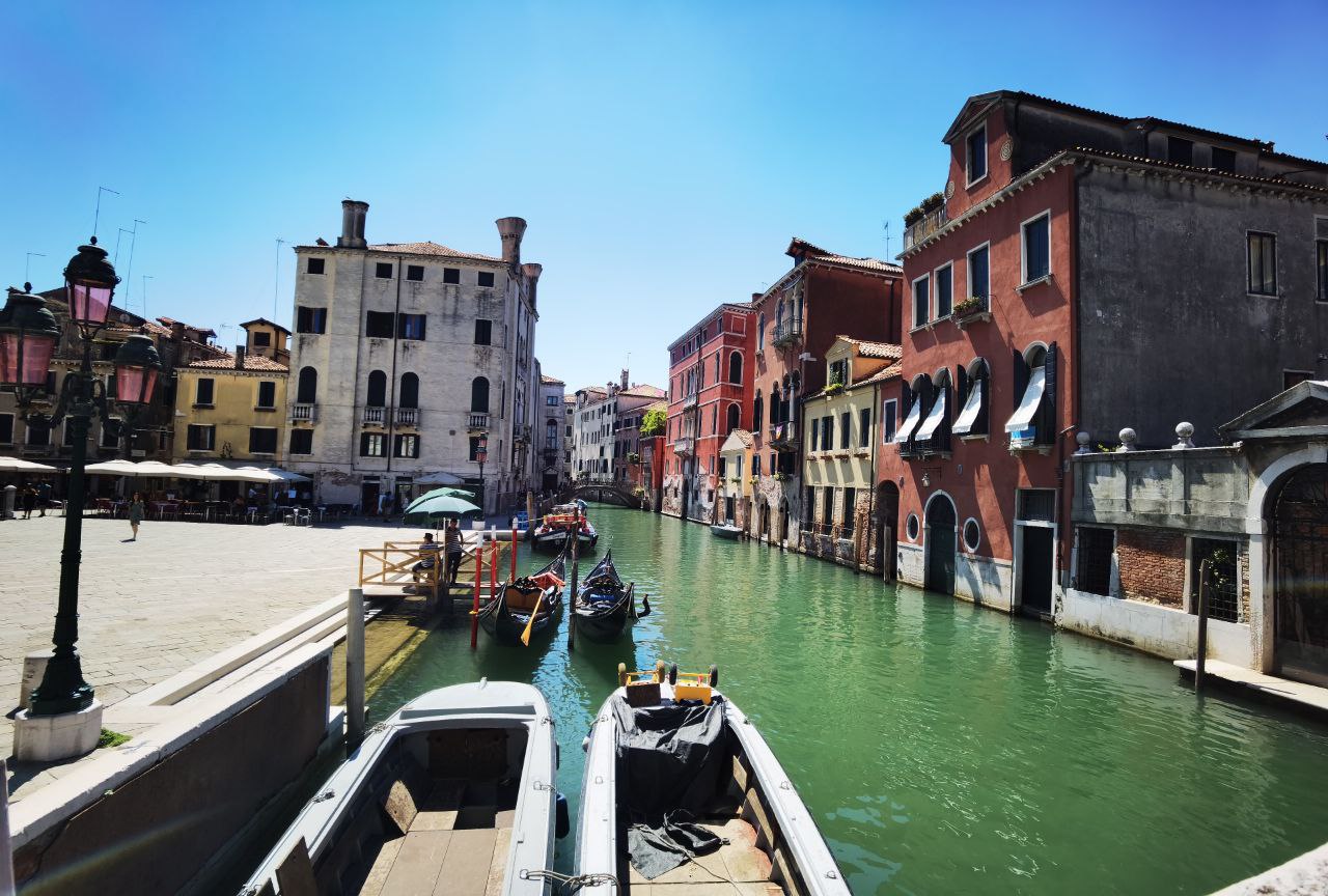 An image of gondolas taken in Venice, Italy